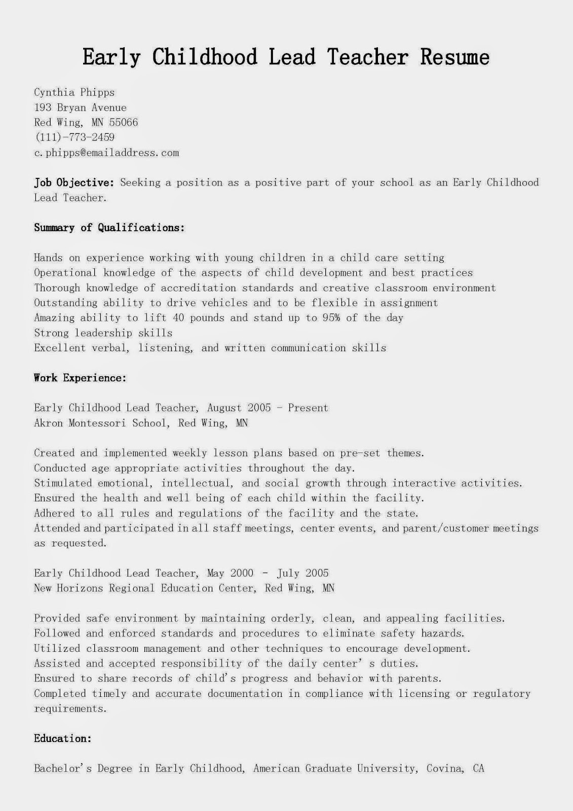 Sample Resume for Early Childhood Educator Job Early Childhood Education Resume Samples