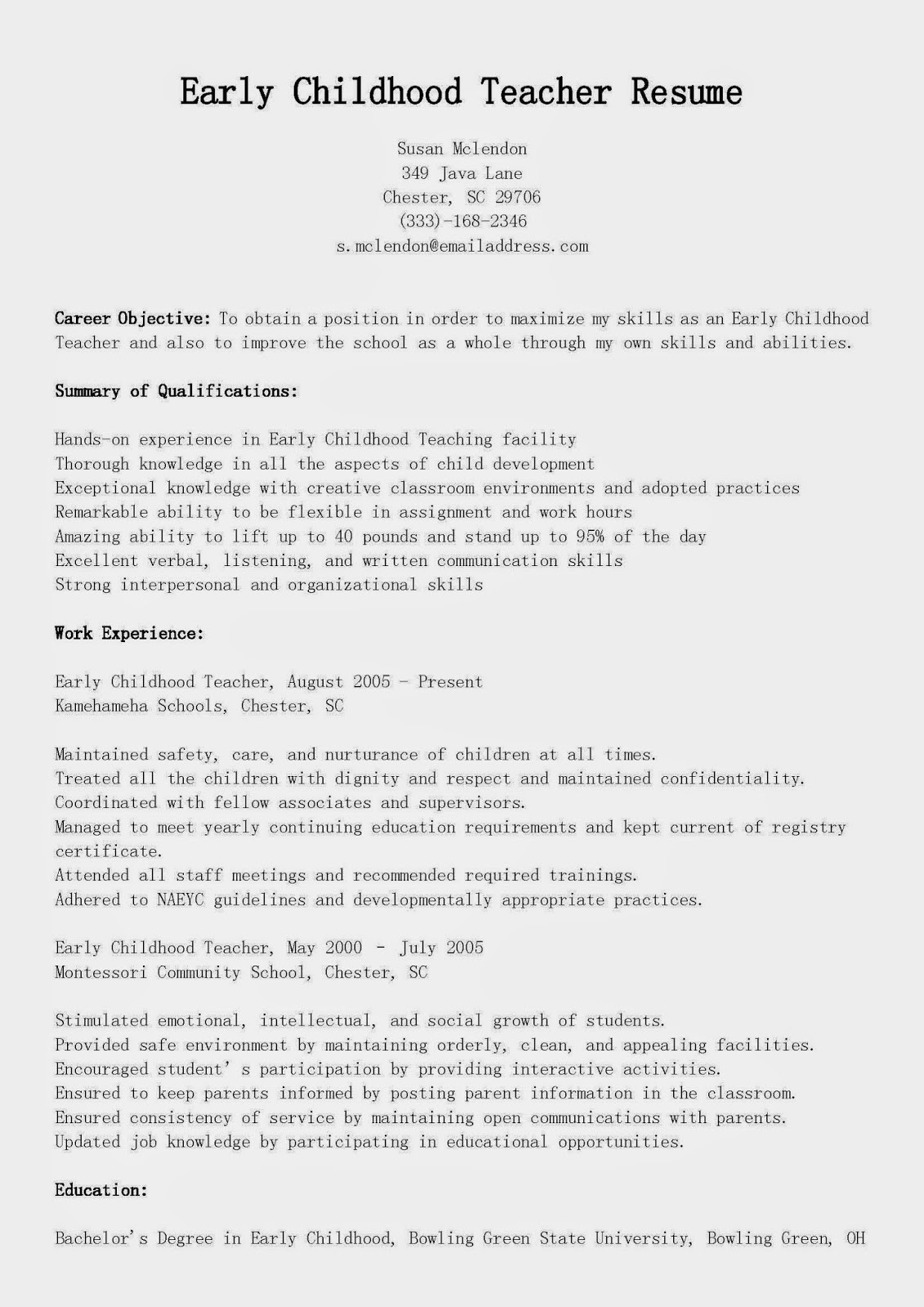 Sample Resume for Early Childhood Educator Job Resume Samples Early Childhood Teacher Resume Sample