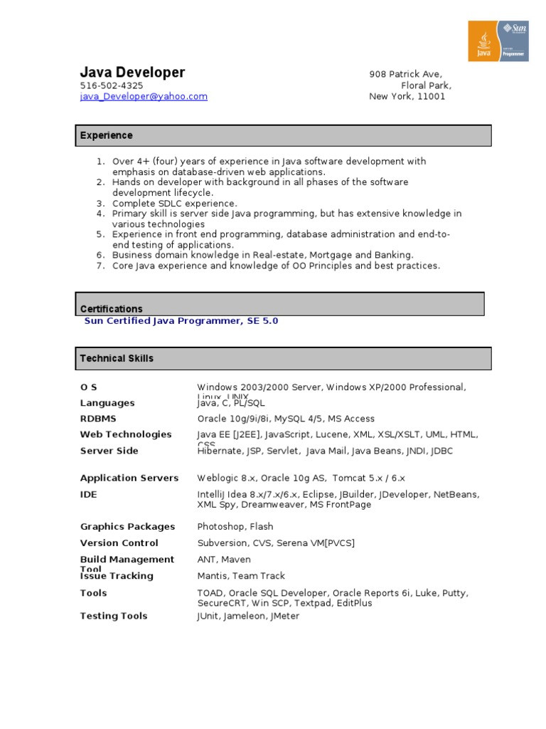 Sample Resume for Fresher Java Developer Resume for Experienced Java Developer – New Thinking New …