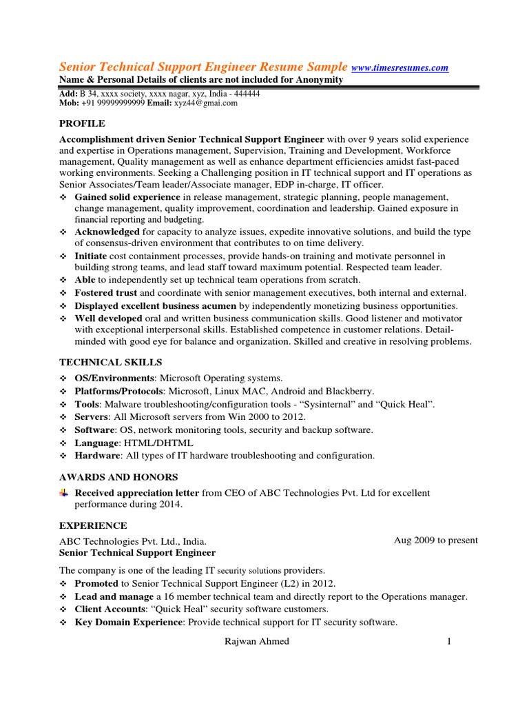 Sample Resume for L2 Support Engineer Lnlnlk Pdf Technical Support Hewlett Packard