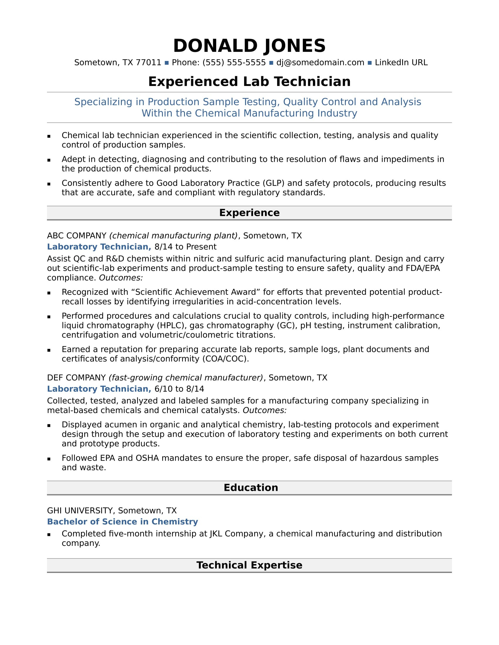 Sample Resume for Lab Manager Position Midlevel Lab Technician Resume Sample Monster.com