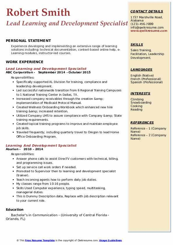 Sample Resume for Learning and Development Specialist Learning and Development Specialist Resume Samples
