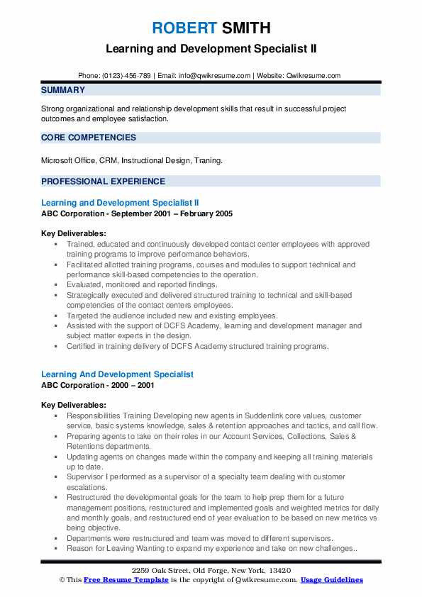 Sample Resume for Learning and Development Specialist Learning and Development Specialist Resume Samples
