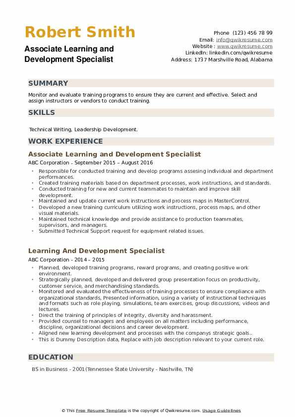 Sample Resume for Learning and Development Specialist Learning and Development Specialist Resume Samples