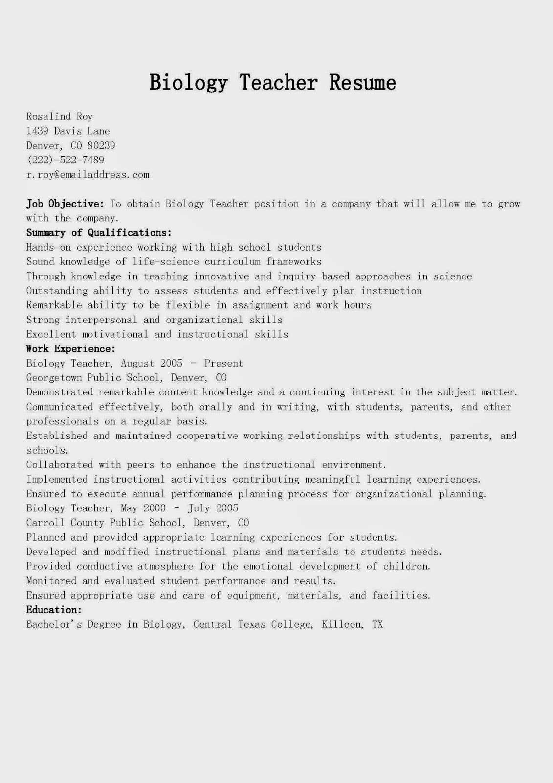 Sample Resume for Lecturer In Biology Resume Samples Biology Teacher Resume Sample