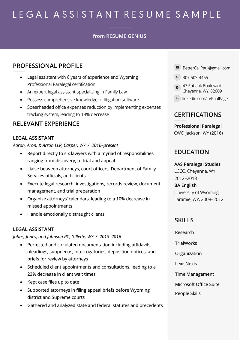 Sample Resume for Legal Administrative assistant Legal assistant Resume Example & Writing Tips