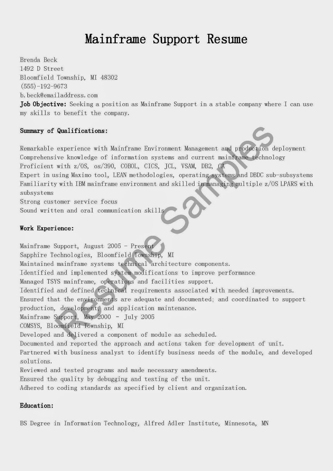 Sample Resume for Mainframe Production Support Mainframe Support Resume Sample Resume, Sample Resume, Concert …