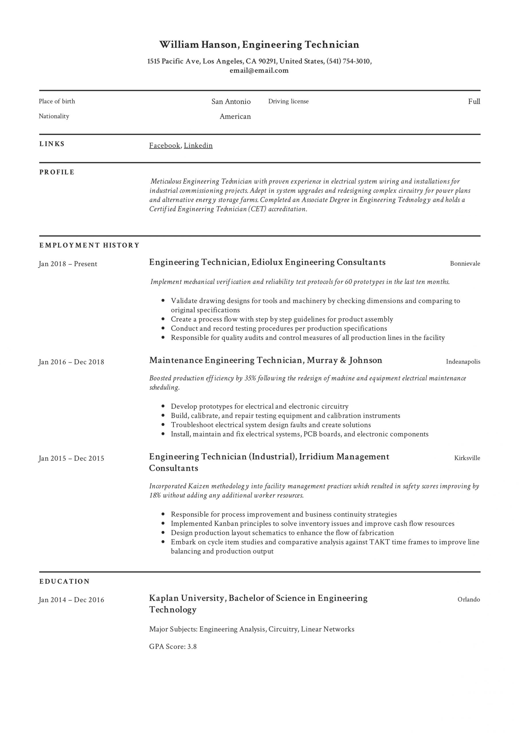 Sample Resume for Pharmaceutical Manufacturing Technician Engineering Technician Resume & Writing Guide  12 Templates 2020