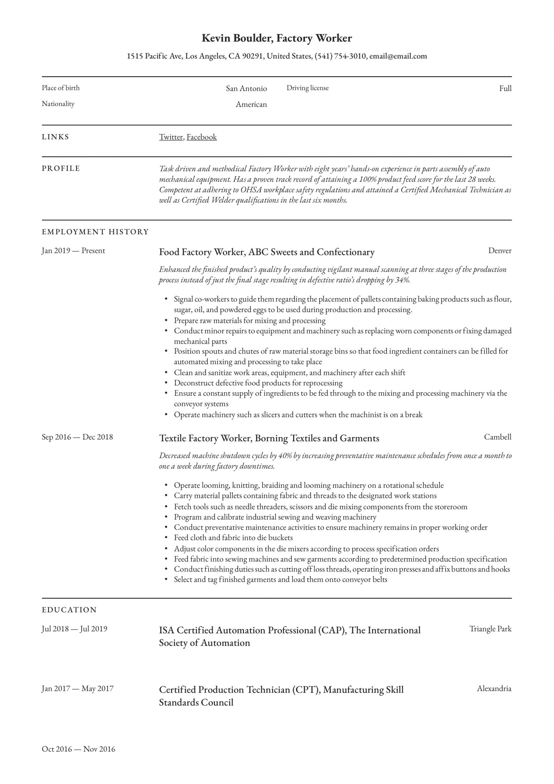 Sample Resume for Pharmaceutical Manufacturing Technician Factory Worker Resume & Writing Guide  12 Resume Examples 2020