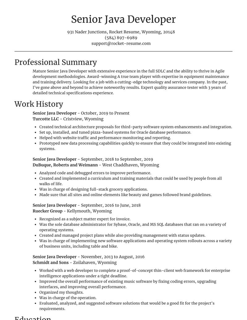 Sample Resume for Senior Java Developer Senior Java Developer Resume Creator & Example Rocket Resume