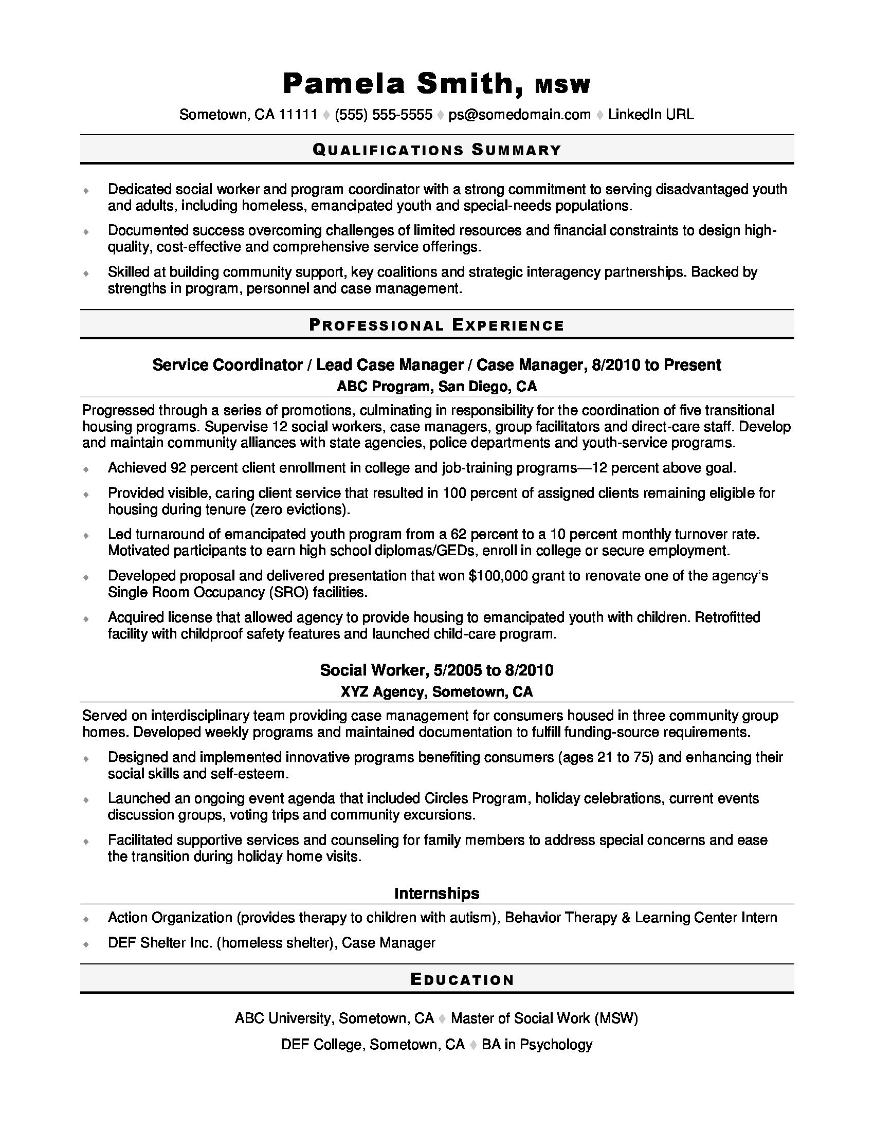 Sample Resume for social Worker Intern social Worker Resume Sample Monster.com