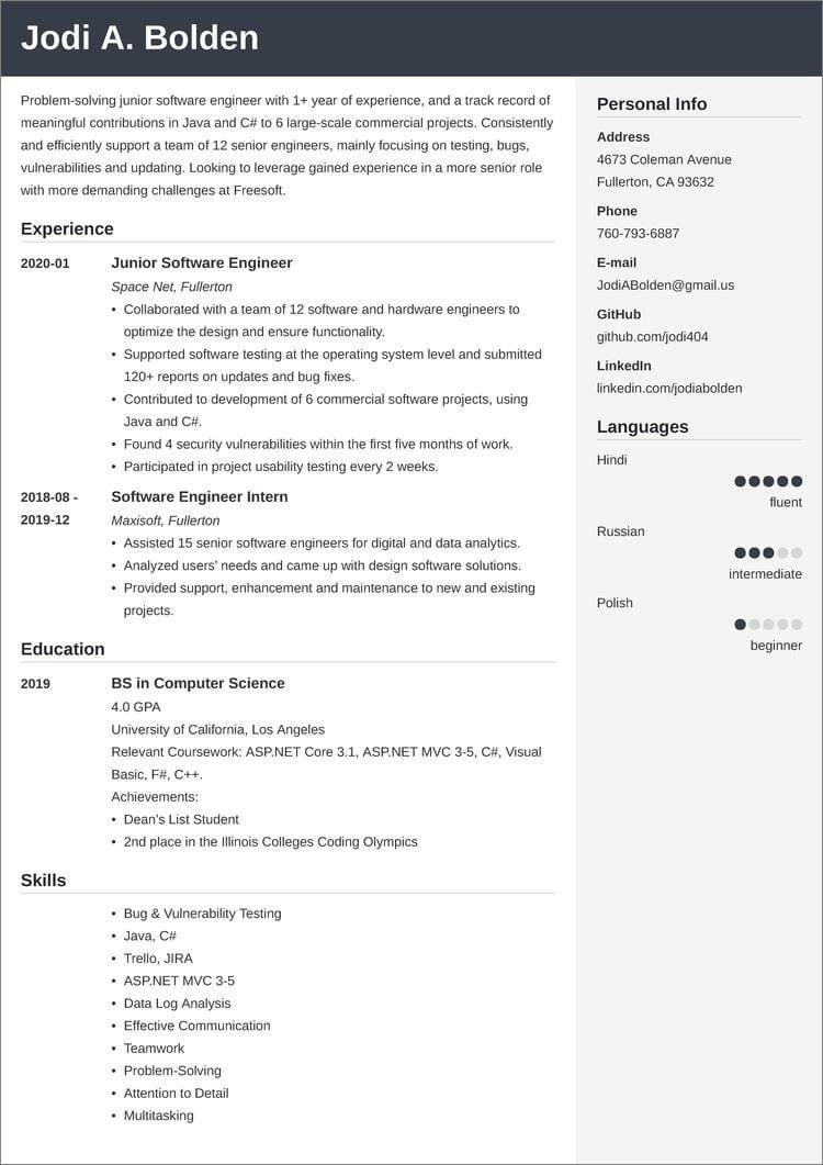 Sample Resume for software Engineer Internship Entry Level software Engineer Resumeâsample and Tips