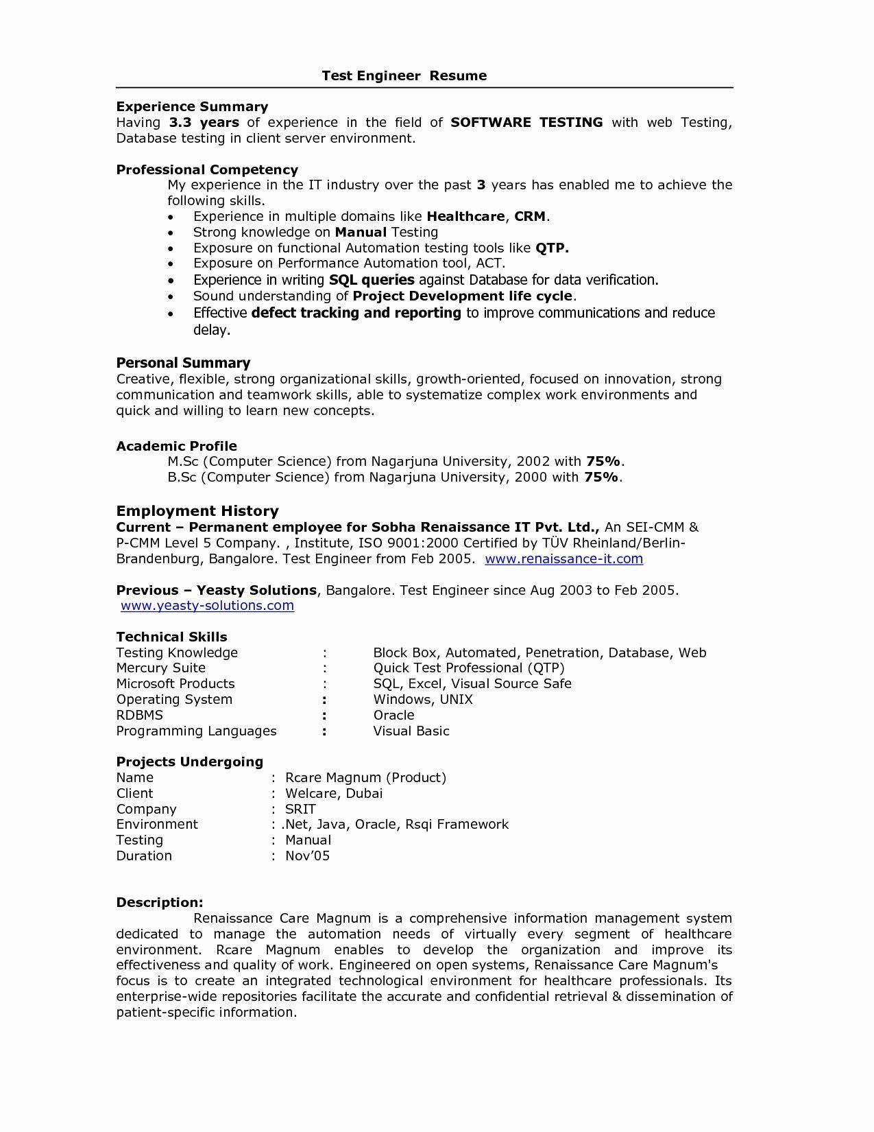 Sample Resume for software Test Engineer with 2 Years Experience 5 Years Testing Experience