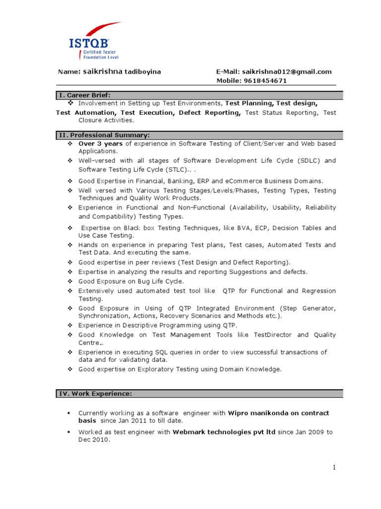 Sample Resume for software Test Engineer with 2 Years Experience Manual Testing Experienced Resume 1