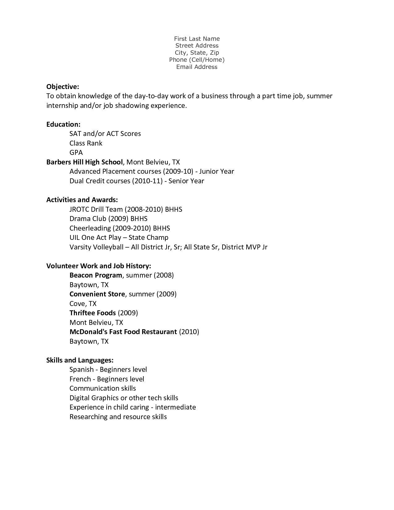 Sample Resume High School Student Part Time Job Pin On Resume for Teens