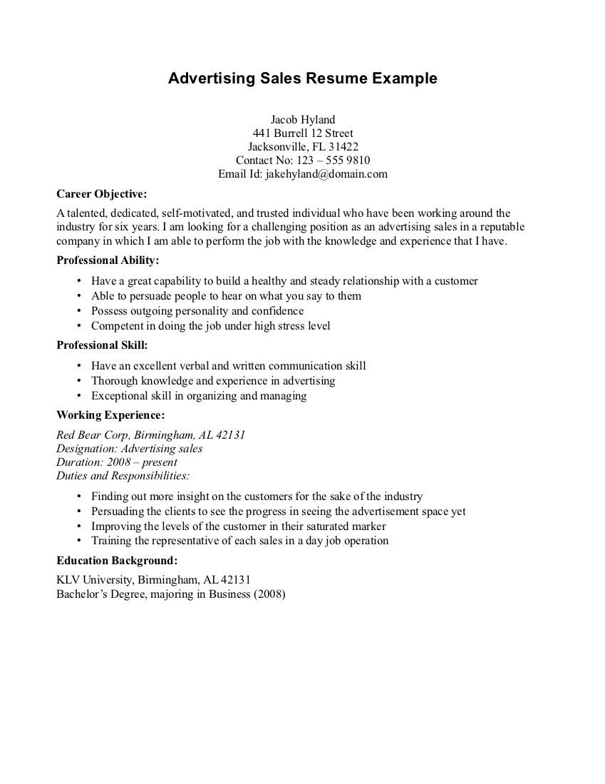 Sample Resume Objectives for Sales Representative Sales Advertising Resume Objective Sample Resume Objectives …