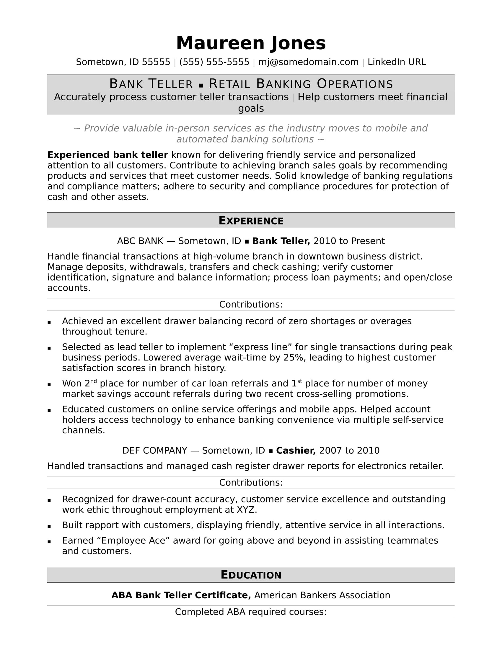 Sample Resumes for Bank Teller Positions Bank Teller Resume Sample