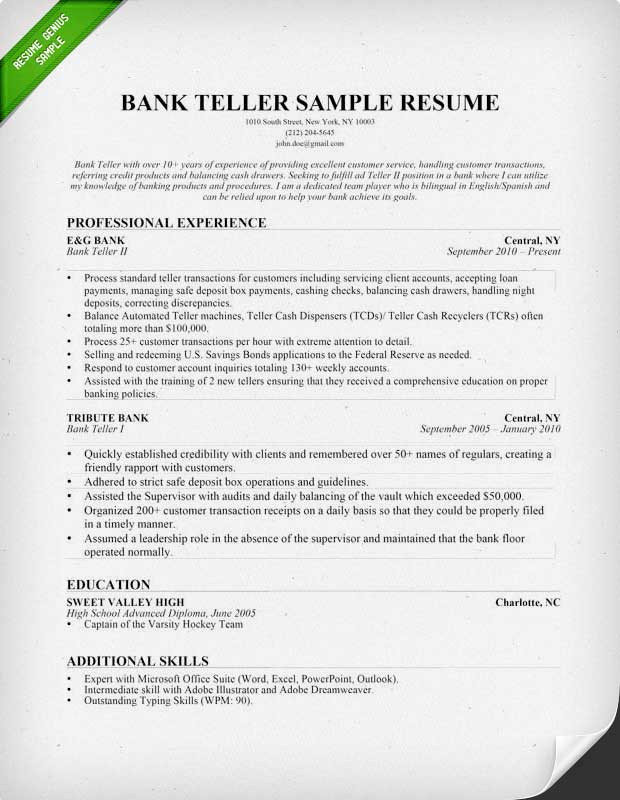 Sample Resumes for Bank Teller Positions Bank Teller Resume Sample & Writing Tips