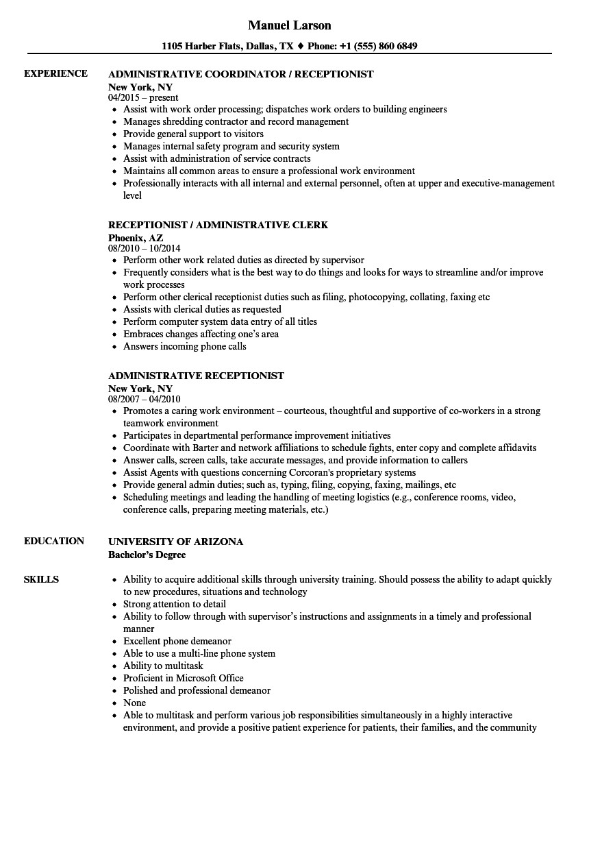 Sample Resumes for Receptionist Admin Positions Resumes Examples for Receptionist Free Resume Templates