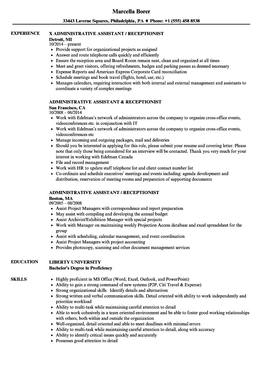 Sample Resumes for Receptionist Admin Positions Resumes Samples for Receptionist Free Resume Templates