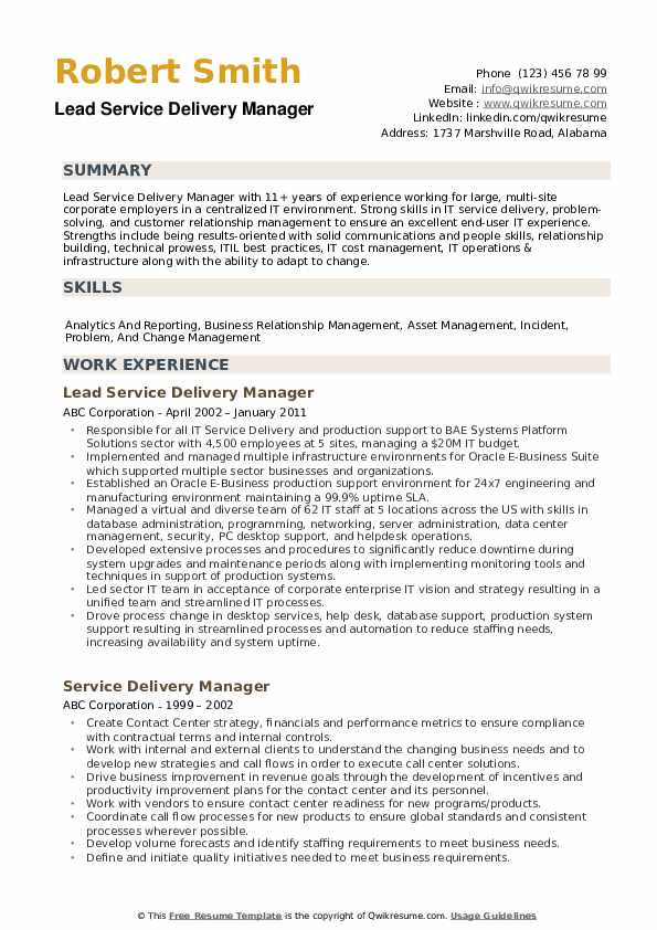 Sample Service Delivery Manager Resume Download Service Delivery Manager Resume Samples