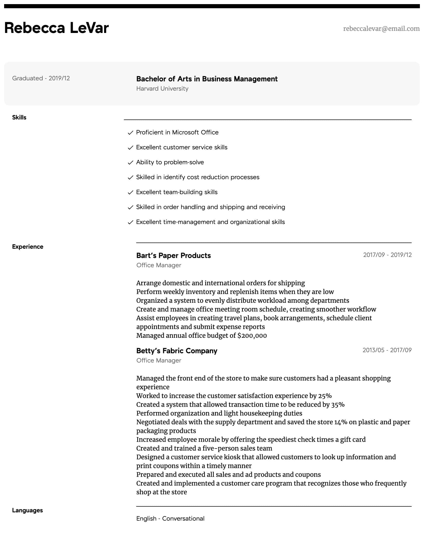 Sample Skills and Abilities for Management Resume Office Manager Resume Samples All Experience Levels Resume.com …