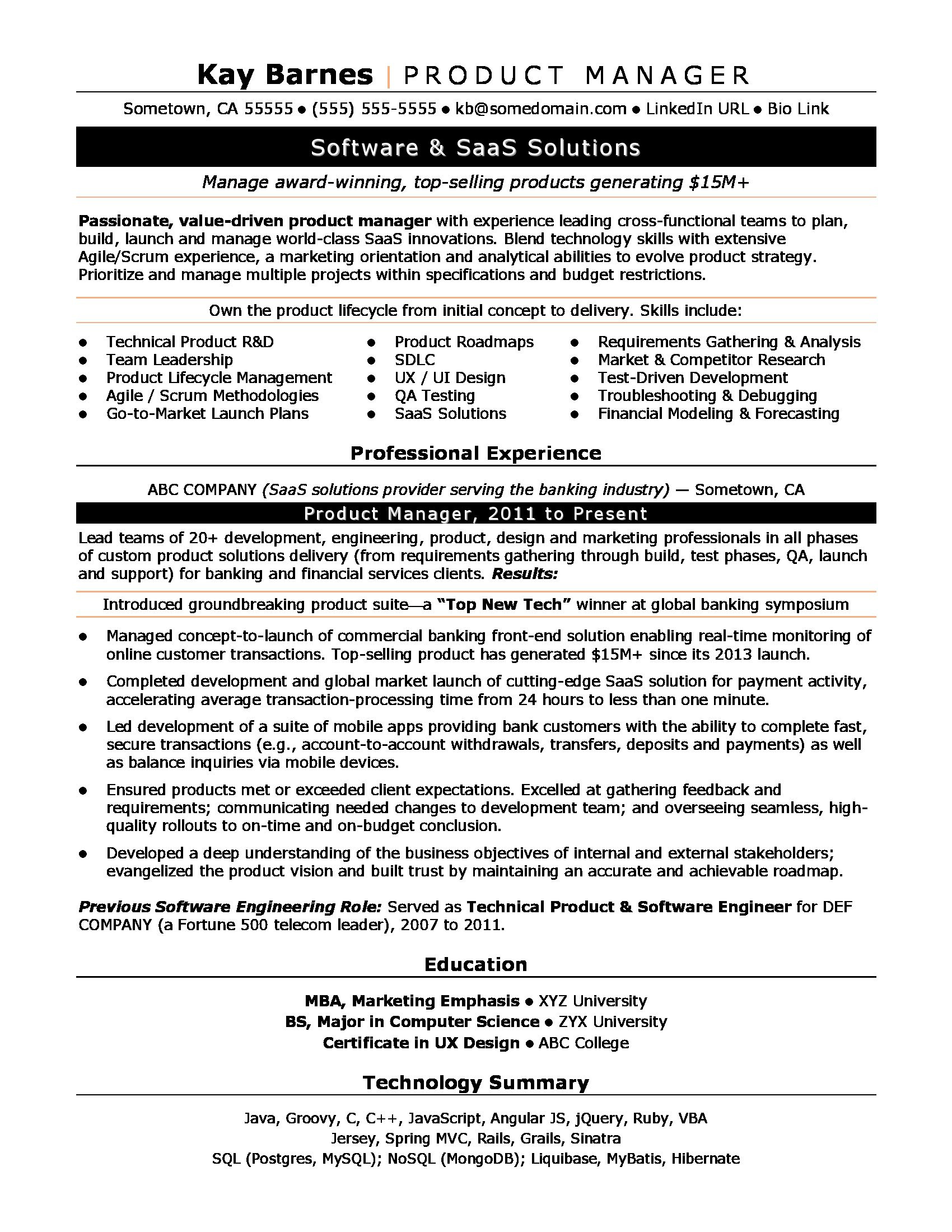 Sample Skills and Abilities for Management Resume Product Manager Resume Sample Monster.com