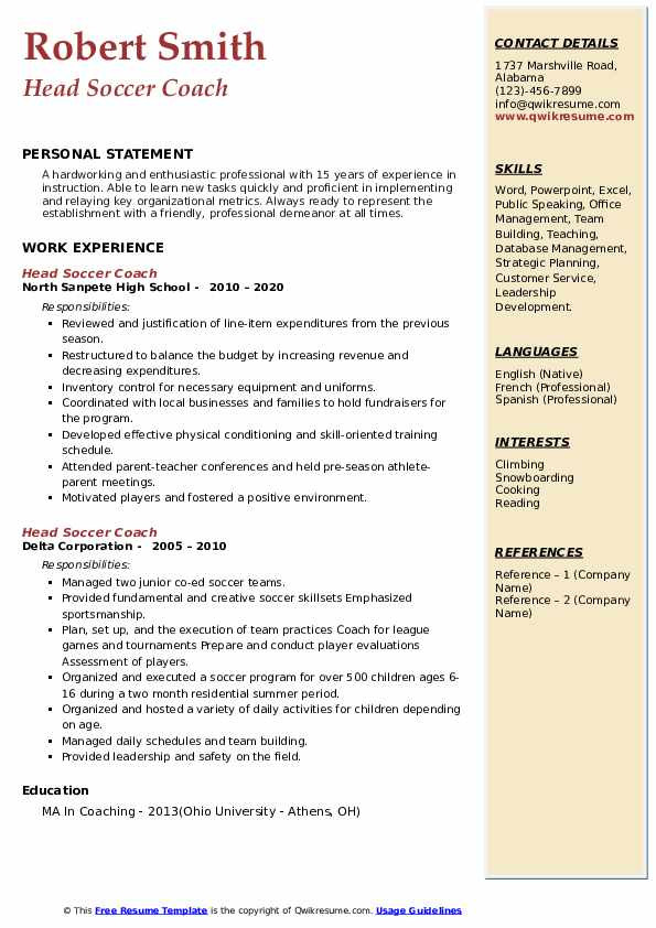 Sample soccer Resume for College Coaches Head soccer Coach Resume Samples
