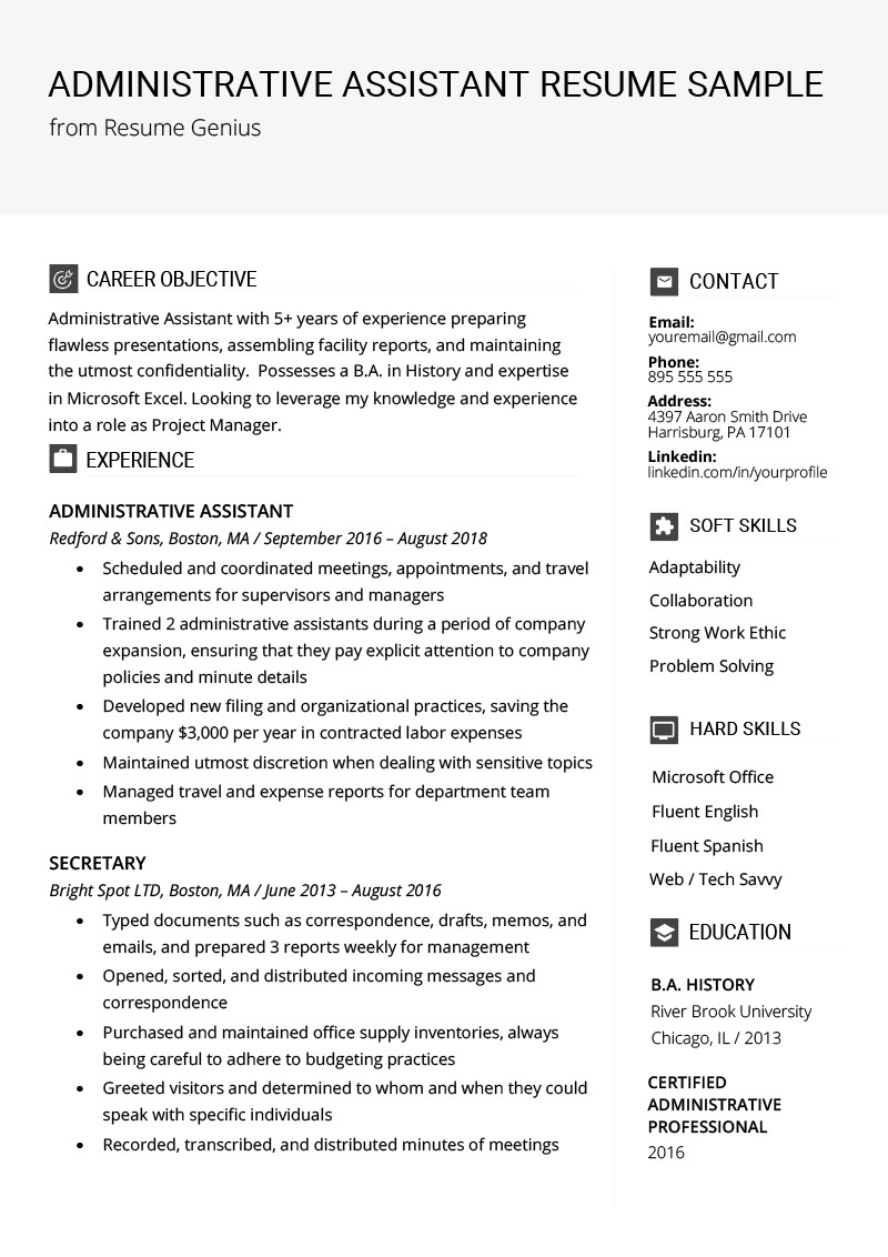 Samples Of Resume Objectives for Administrative assistants Administrative assistant Resume Example & Writing Tips