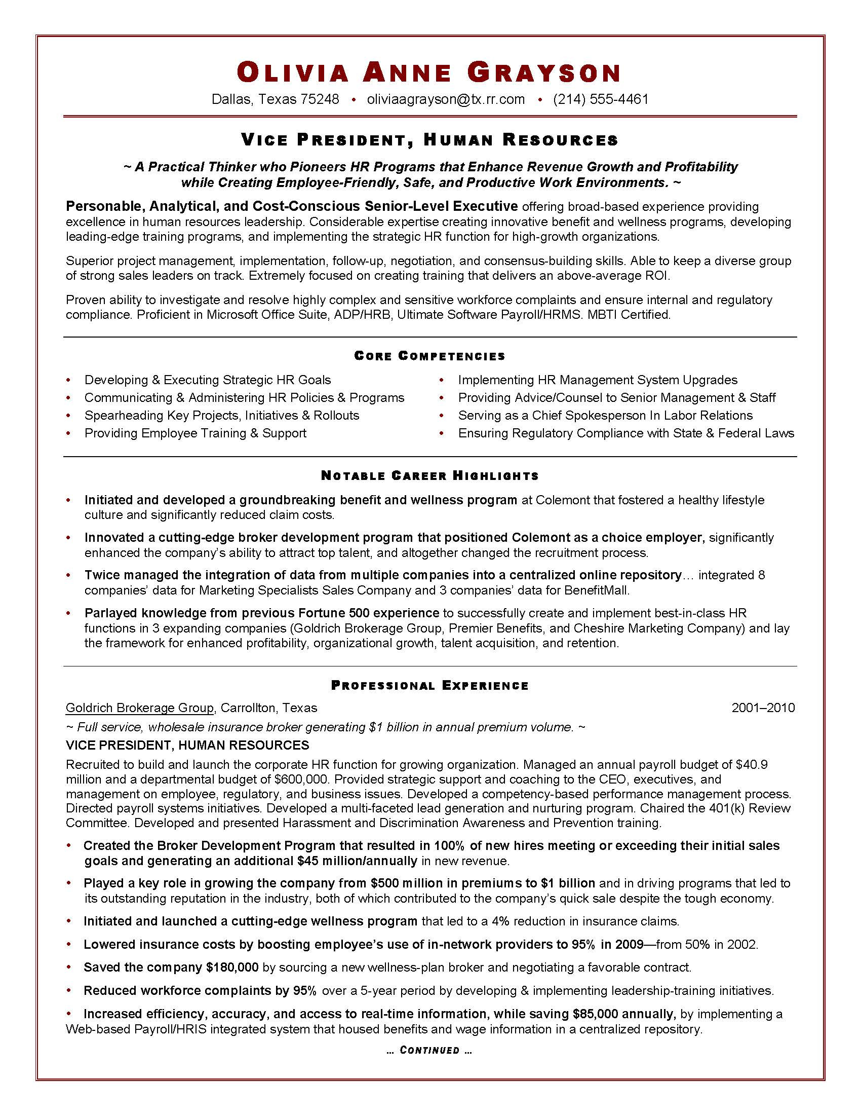 Vp Of Human Resources Resume Sample Executive Resume Sample for Hr Vp1 – Pdf format E-database.org