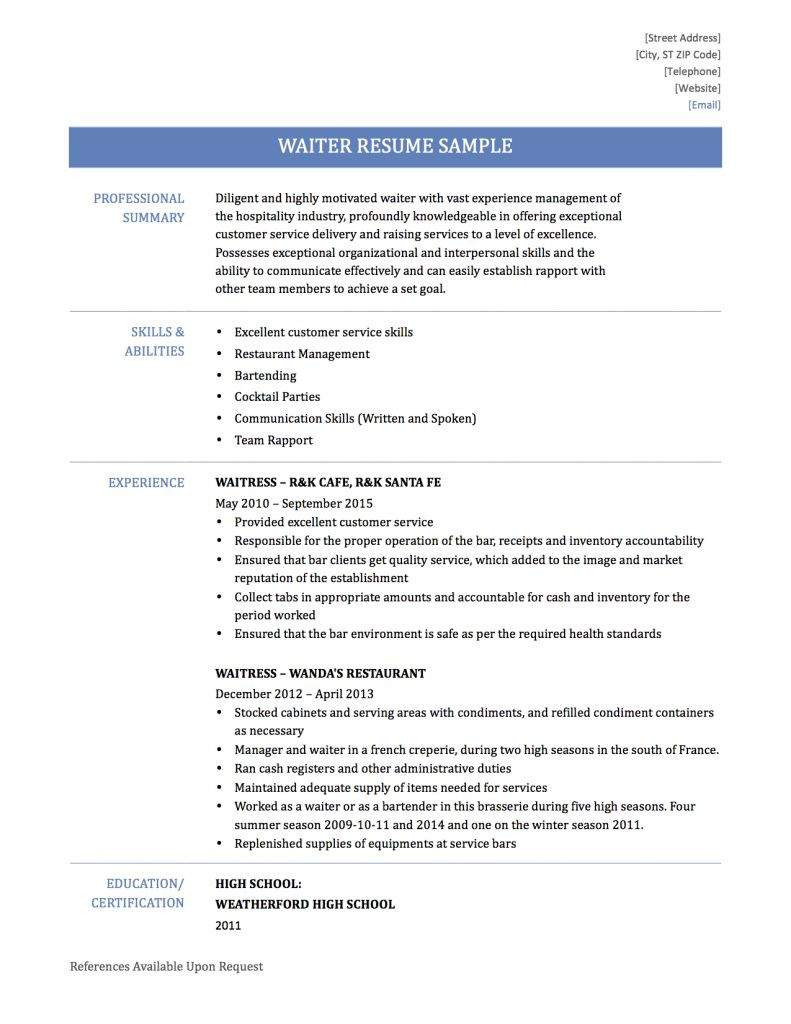 Waitress Job Description for Resume Samples Resume Job Description Waiter