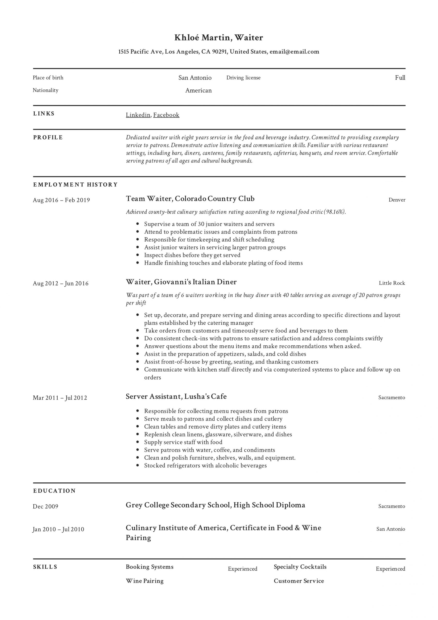 Waitress Job Description for Resume Samples Waiter Cv October 2021