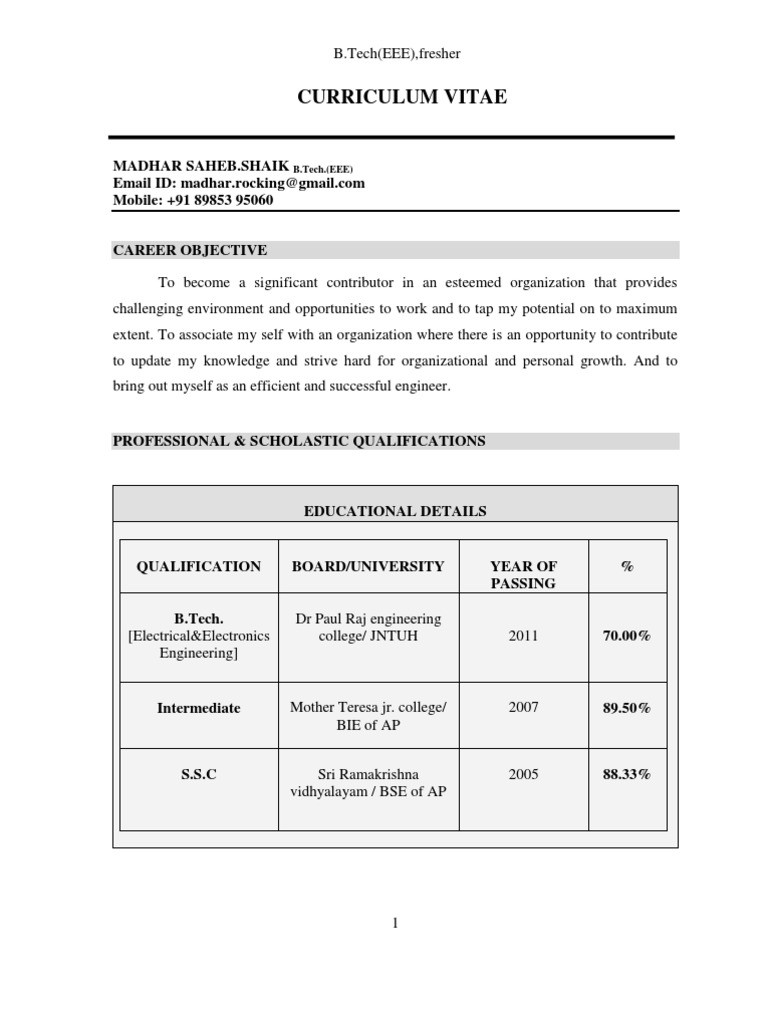 B Tech Ece Fresher Resume Sample Download B Tech Eee 2011 Fresher Resume