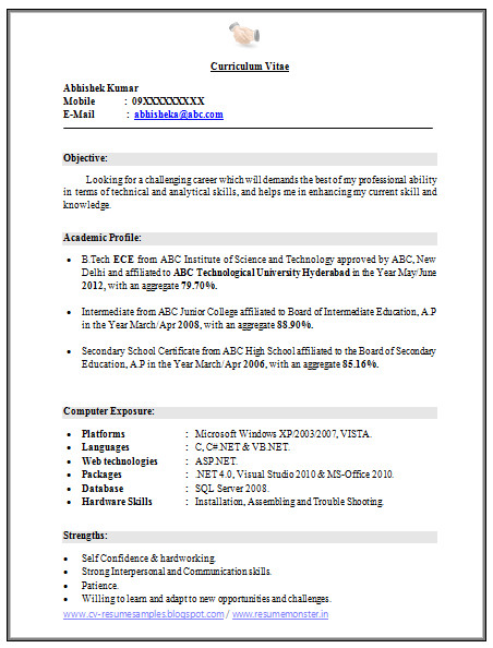 B Tech Ece Fresher Resume Sample Download Over Cv and Resume Samples with Free Download B
