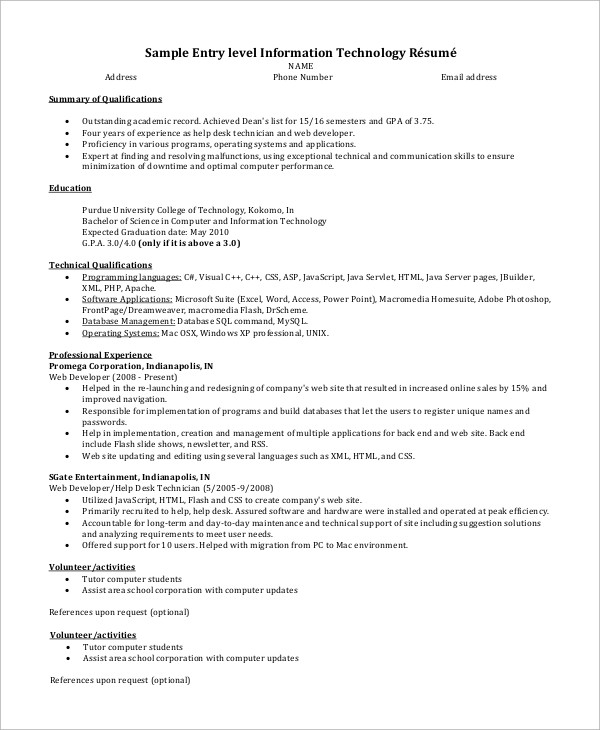 Entry Level It Resume Examples and Samples Free 9 Sample Entry Level Resume Templates In Ms Word