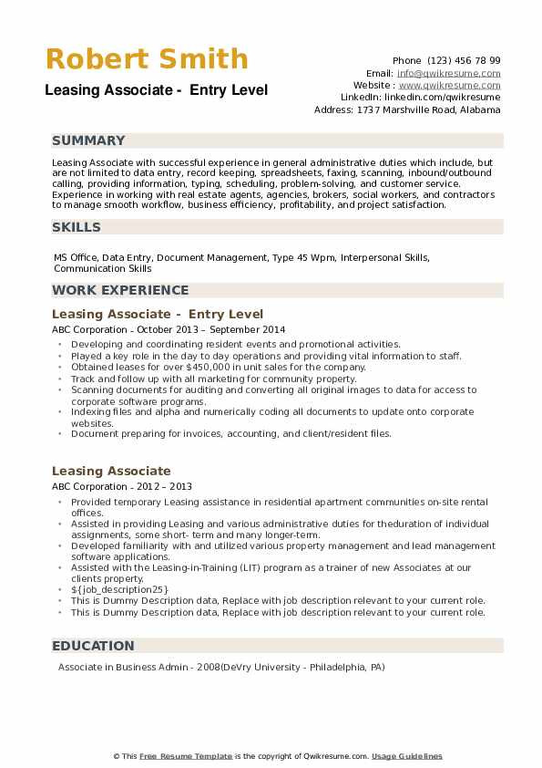 Entry Level Leasing Consultant Resume Sample Leasing associate Resume Samples