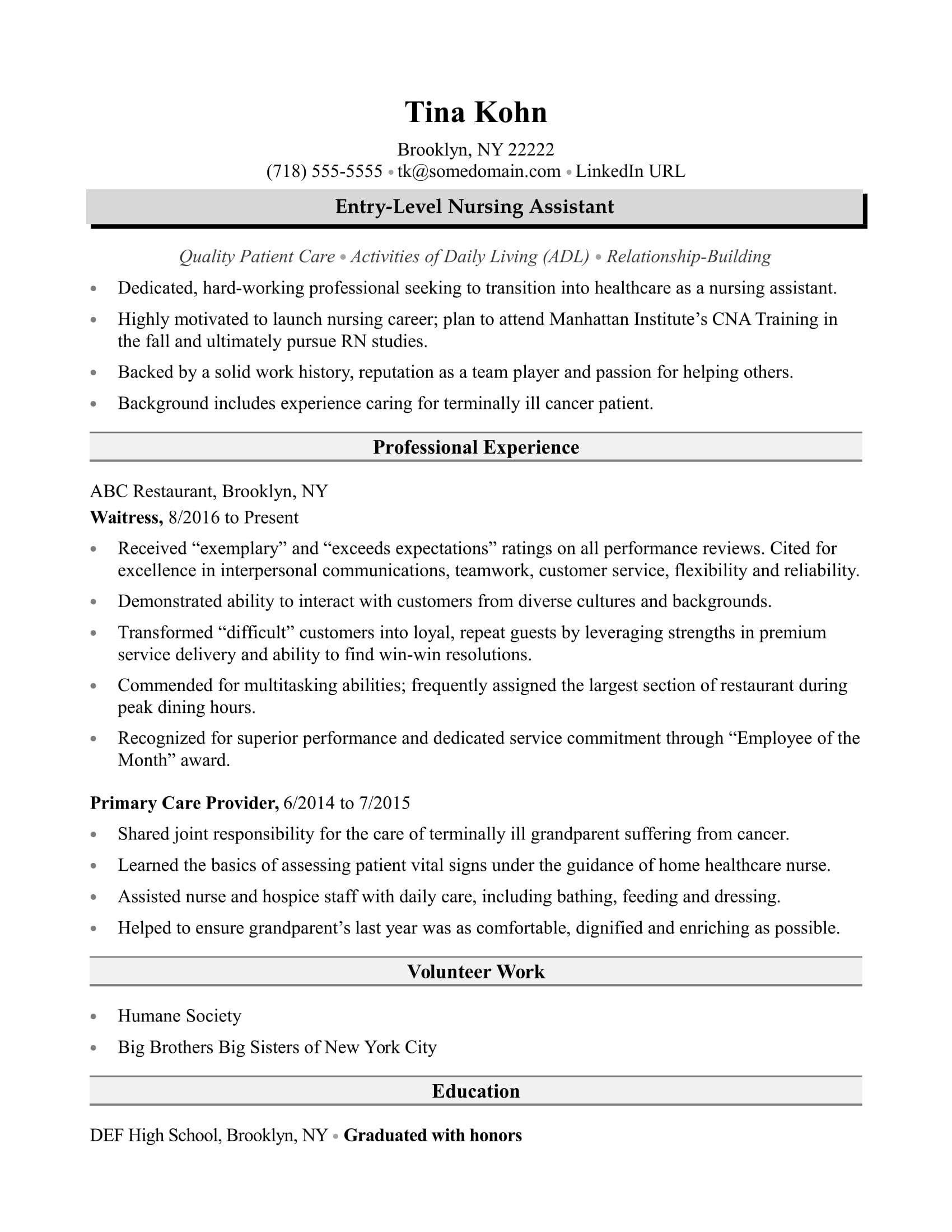 Entry Level Nursing assistant Resume Sample Nursing assistant Resume Sample