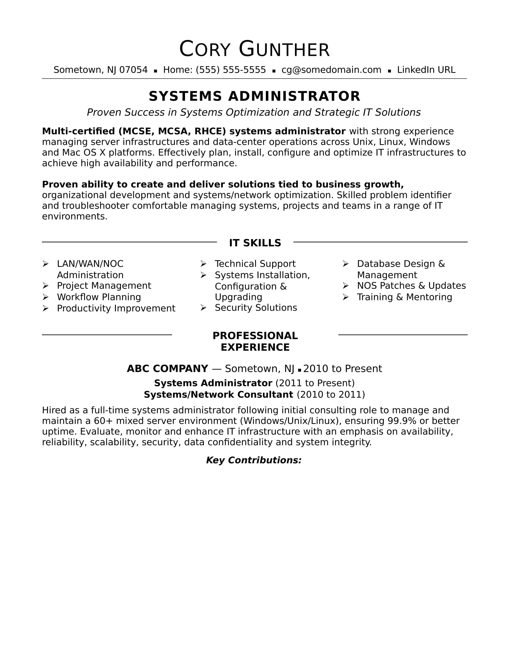 Entry Level System Administrator Resume Sample Sample Resume for An Experienced Systems Administrator Monster.com