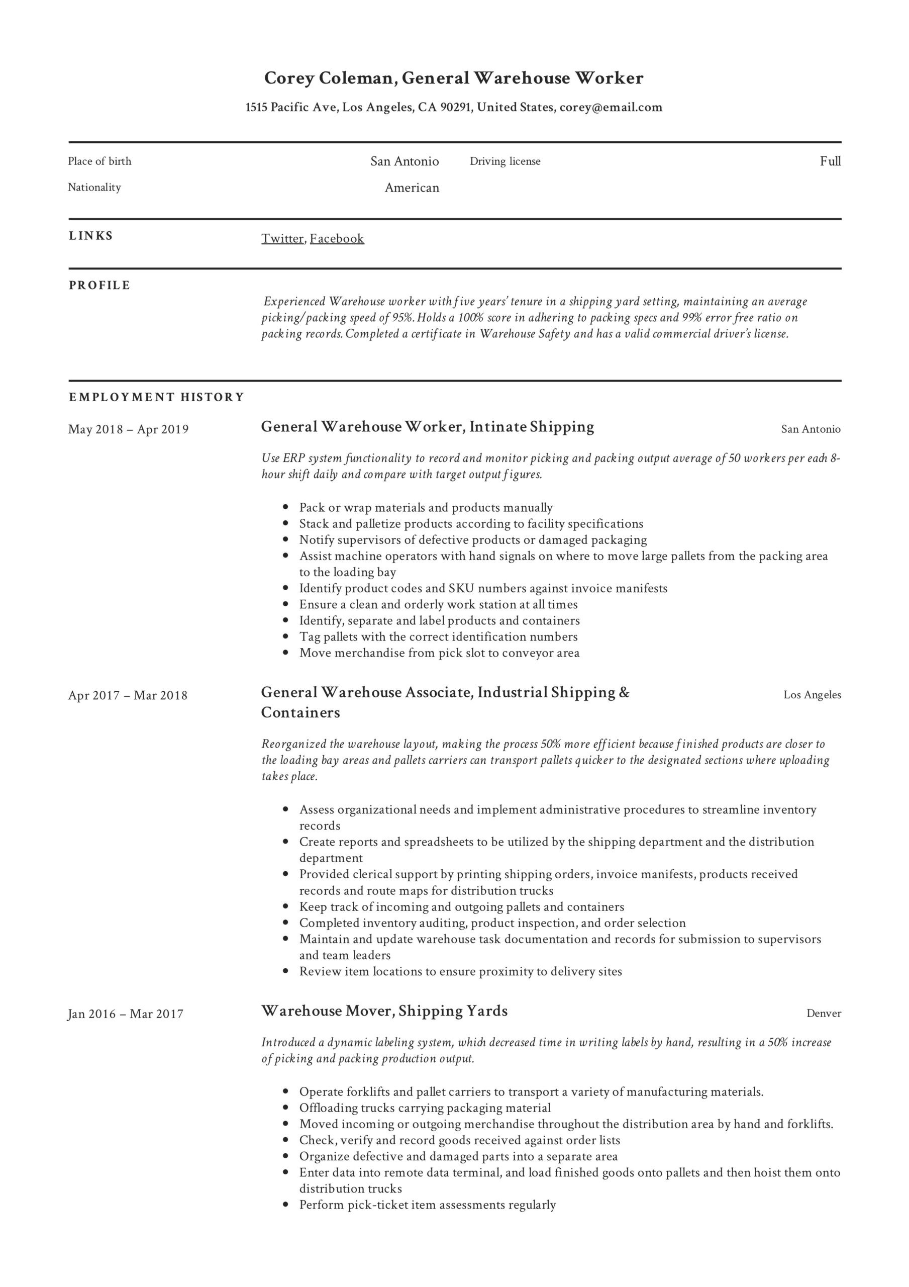 Entry Level Warehouse Worker Resume Samples 5s Examples In Warehouse