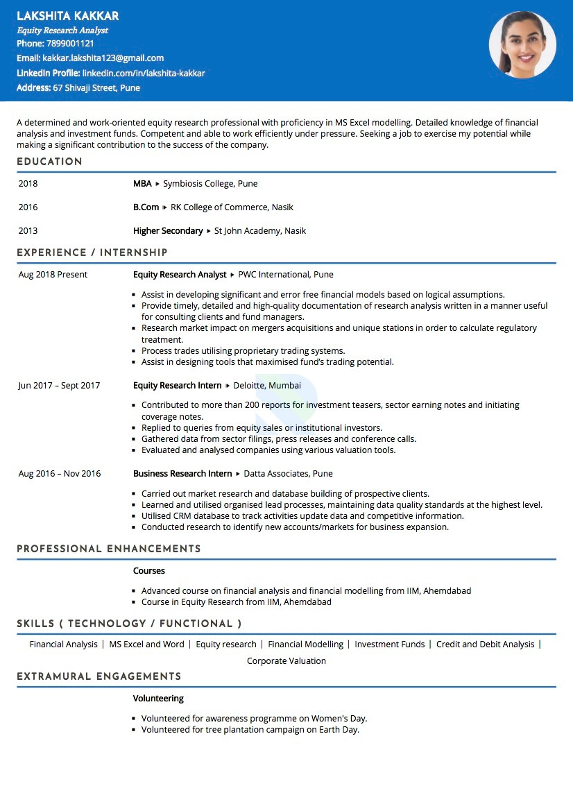 Equity Research Analyst Fresher Resume Sample Resume Of Equity Research Analyst