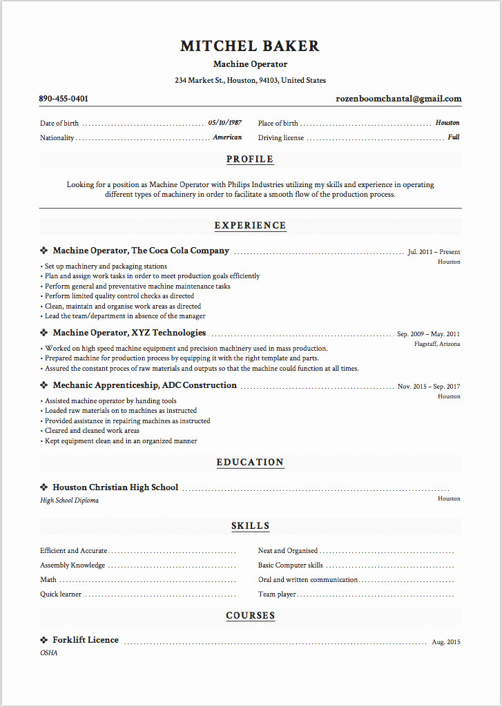 Free Sample Resume for Cnc Machine Operator √ 20 Cnc Machine Operator Resume