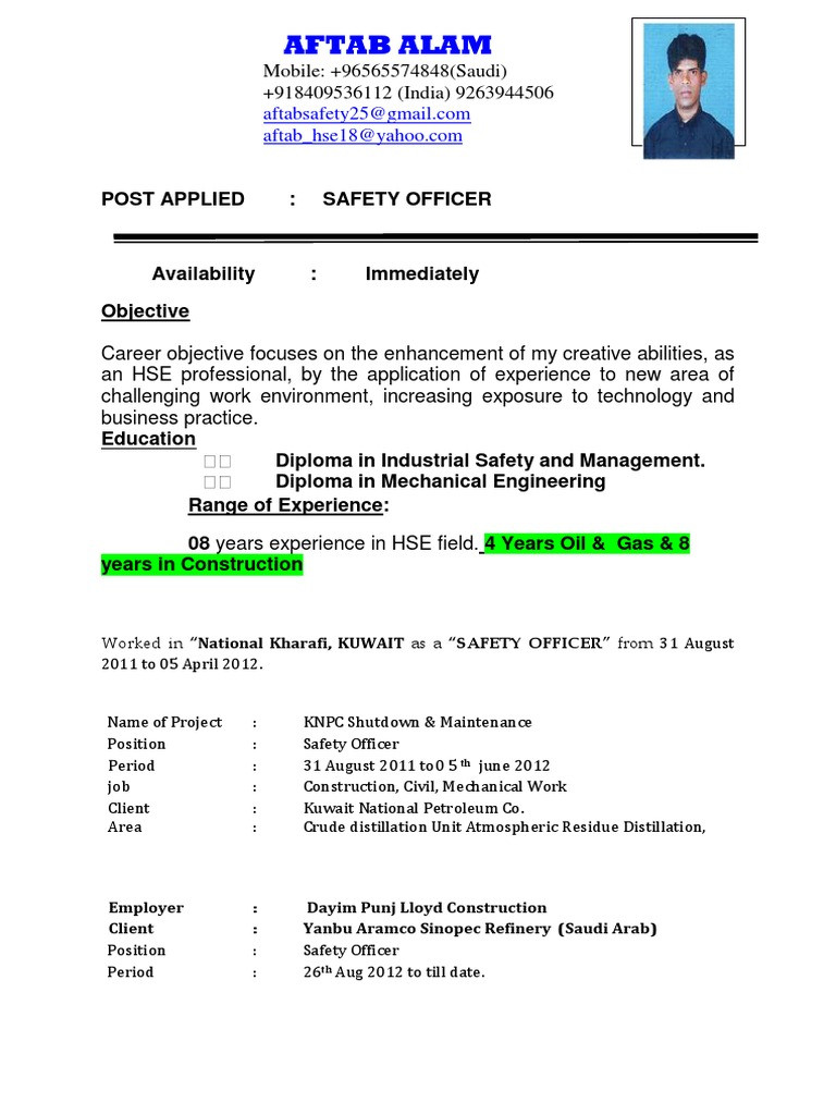 Health and Safety Officer Resume Sample Hse Officer Cv Pdf Safety Personal Protective Equipment