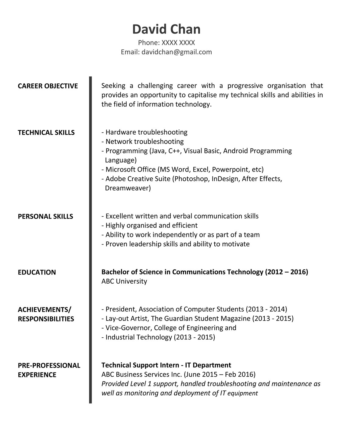Information Technology Sample Resume for Fresh Graduates Sample Resume for Fresh Graduates (it Professional) Jobsdb Hong Kong