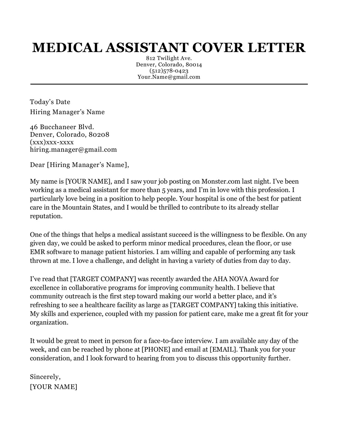 Medical assistant Resume Cover Letter Samples Medical assistant Cover Letter Sample