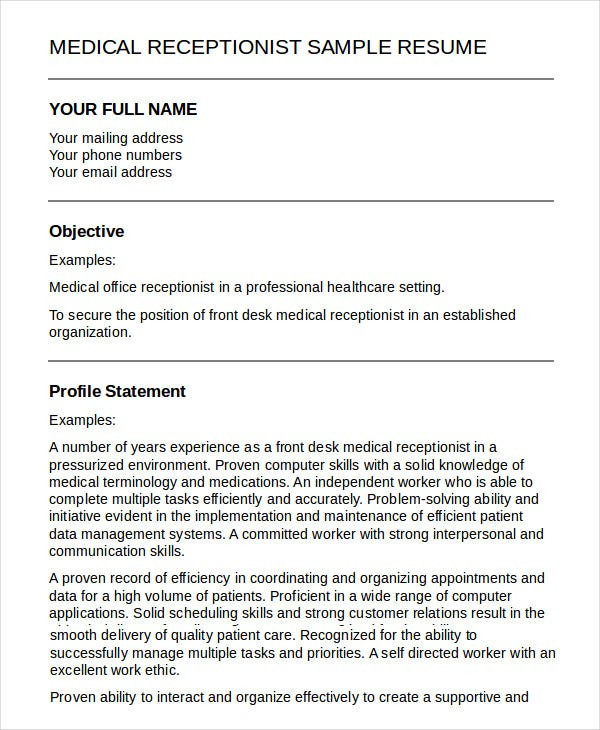 Medical Front Desk Receptionist Resume Sample 5 Medical Receptionist Resume Templates Pdf Doc Medical Front Desk Receptionist Resume Sample 5 Medical Receptionist Resume Templates Pdf Doc