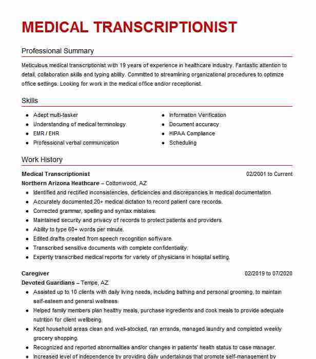 Medical Transcriptionist Resume Sample No Experience Medical Transcriptionist Resume Example Tcbh Sapulpa