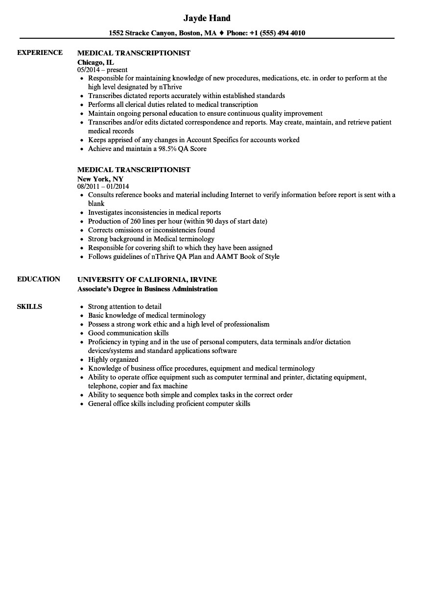 Medical Transcriptionist Resume Sample No Experience Medical Transcriptionist Resume Samples