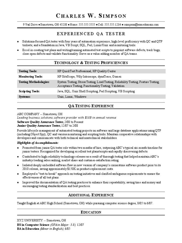 Qtp Sample Resume for software Testers Sample Resume Qa software Tester Midlevel Pdf Quality … Qtp Sample Resume for software Testers Sample Resume Qa software Tester Midlevel Pdf Quality …