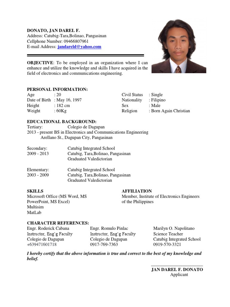 Resume I Hereby Certify that the Above Information Sample Donato Resume.. Computing and Information Technology
