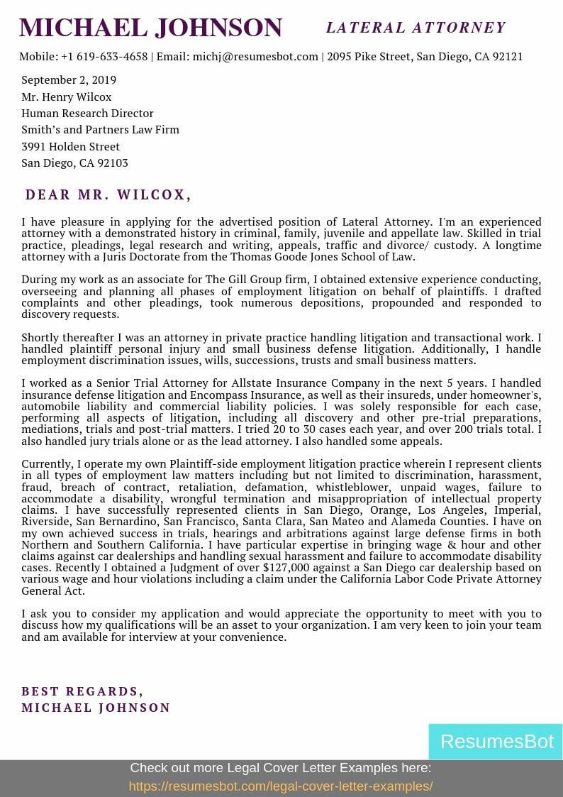 Sample attorney Cover Letter for Resume Lateral attorney Cover Letter Samples & Templates [pdf